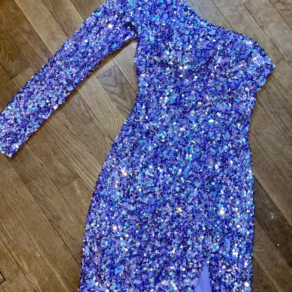 Sherri Hill Lilac Purple Sequin One-Shoulder Dress Size 0 - Picture 3 of 7